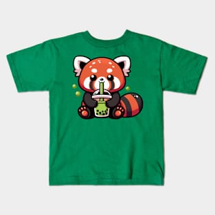 cute red panda bubble green boba Kids T-Shirt